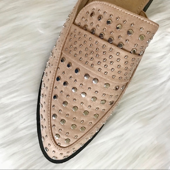 Vegan Suede Studded Flat Mules, Camel Beige Nude - Picture 3 of 4